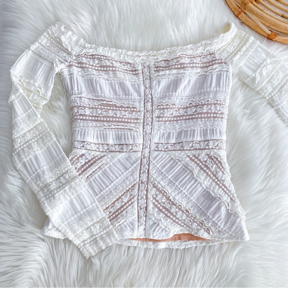 cinq a sept Off-the-Shoulder White Lace Long-Sleeve Top - Picture 13 of 14